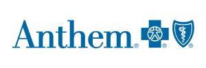 Anthem Health Insurance logo in blue featuring text, a cross symbol, and a shield with a caduceus. Healthcare provider.