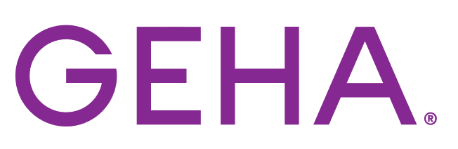 GEHA Logo: Purple text on gray background. GEHA provides health plans for federal employees and their families.