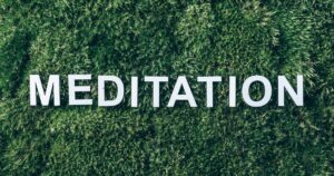 White letters spell MEDITATION on a dense green leafy wall.