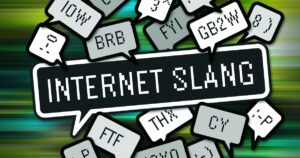 Large speech bubble reads INTERNET SLANG, surrounded by smaller bubbles with acronyms like LOL, BRB, FYI, BTW.
