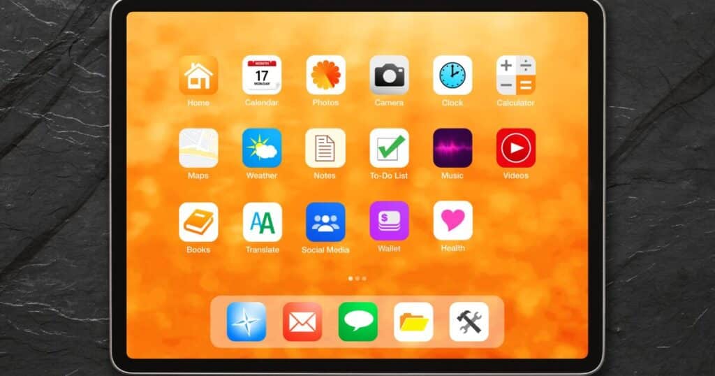 Tablet home screen on an orange background with app icons like Home, Calendar, Photos, Camera, Clock, Calculator, Maps, Weather, Notes, To-Do List, Music, Videos, Books, Translate, Social Media, Wallet, Health, plus a bottom dock of apps.