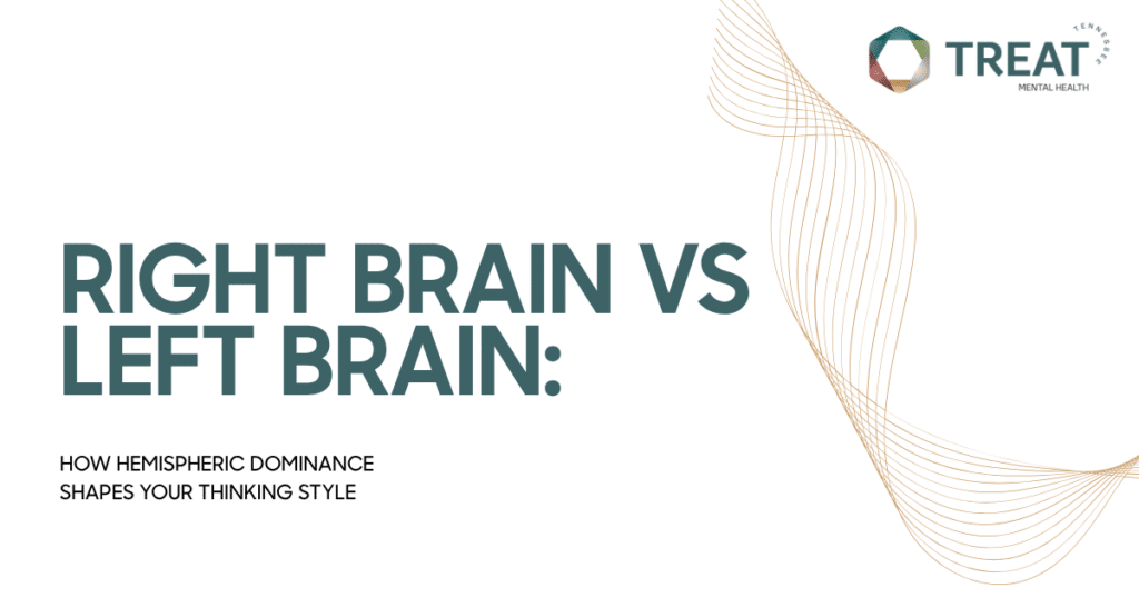 Banner with the title 'RIGHT BRAIN VS LEFT BRAIN: HOW HEMISPHERIC DOMINANCE SHAPES YOUR THINKING STYLE' and a decorative wave pattern with the TREAT logo in the top-right corner.