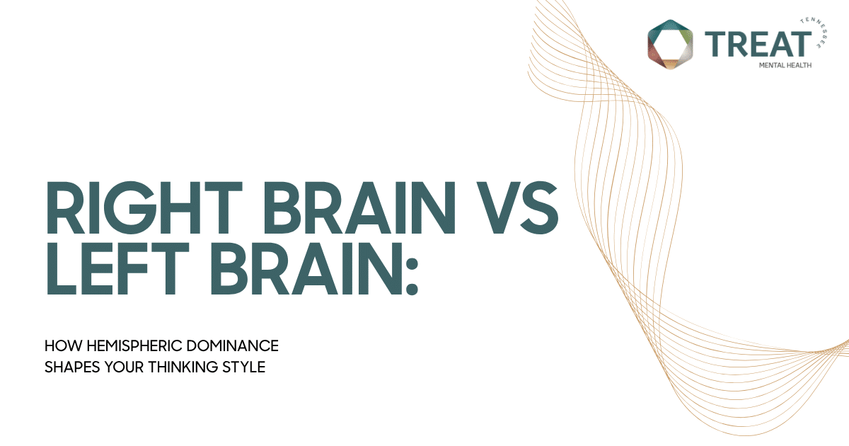 Banner with the title'RIGHT BRAIN VS LEFT BRAIN: HOW HEMISPHERIC DOMINANCE SHAPES YOUR THINKING STYLE' and a decorative wave pattern with the TREAT logo in the top-right corner.