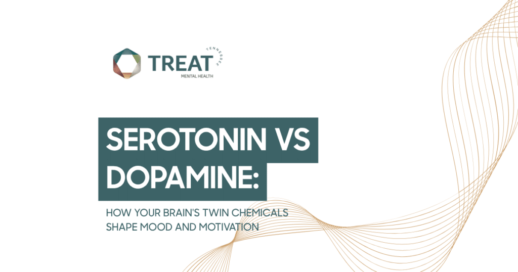 Header image for an article about serotonin vs dopamine, featuring the TREAT logo and the title 'SEROTONIN VS DOPAMINE: HOW YOUR BRAIN'S TWIN CHEMICALS SHAPE MOOD AND MOTIVATION' with decorative gold waves.