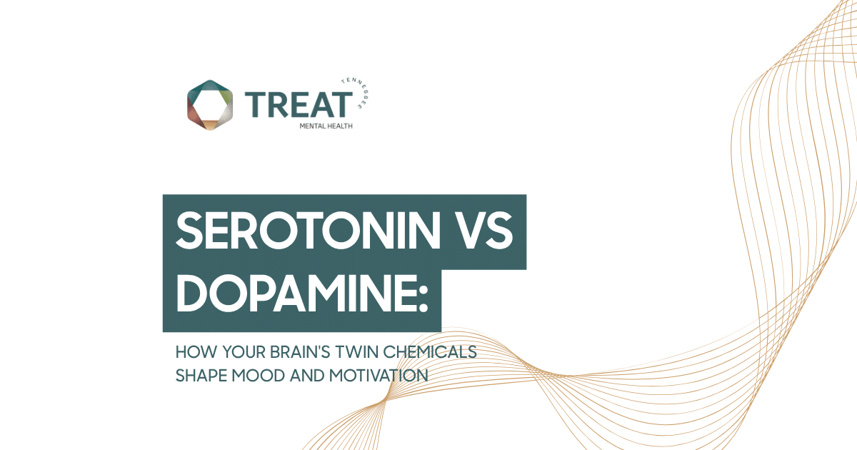 Header image for an article about serotonin vs dopamine, featuring the TREAT logo and the title'SEROTONIN VS DOPAMINE: HOW YOUR BRAIN'S TWIN CHEMICALS SHAPE MOOD AND MOTIVATION' with decorative gold waves.