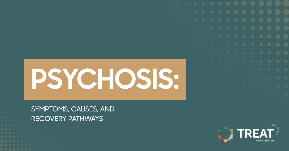 Slide titled'PSYCHOSIS:' with subtitle 'SYMPTOMS, CAUSES, AND RECOVERY PATHWAYS' and a TREAT Mental Health logo in the corner.
