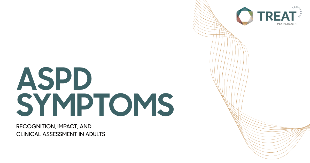 Cover slide: ASPD SYMPTOMS with subtitle'Recognition, Impact, and Clinical Assessment in Adults' and decorative gold curves with TREAT logo.
