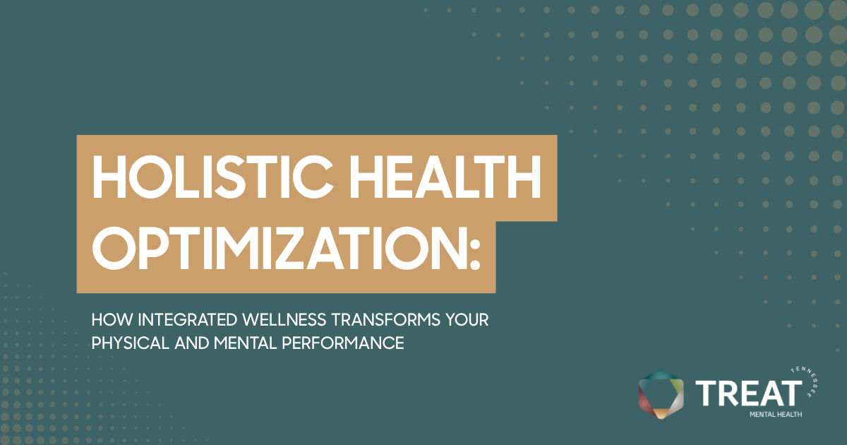 Cover slide with the title'HOLISTIC HEALTH OPTIMIZATION' and subtitle 'How Integrated Wellness Transforms Your Physical and Mental Performance,' Treat logo in bottom-right.