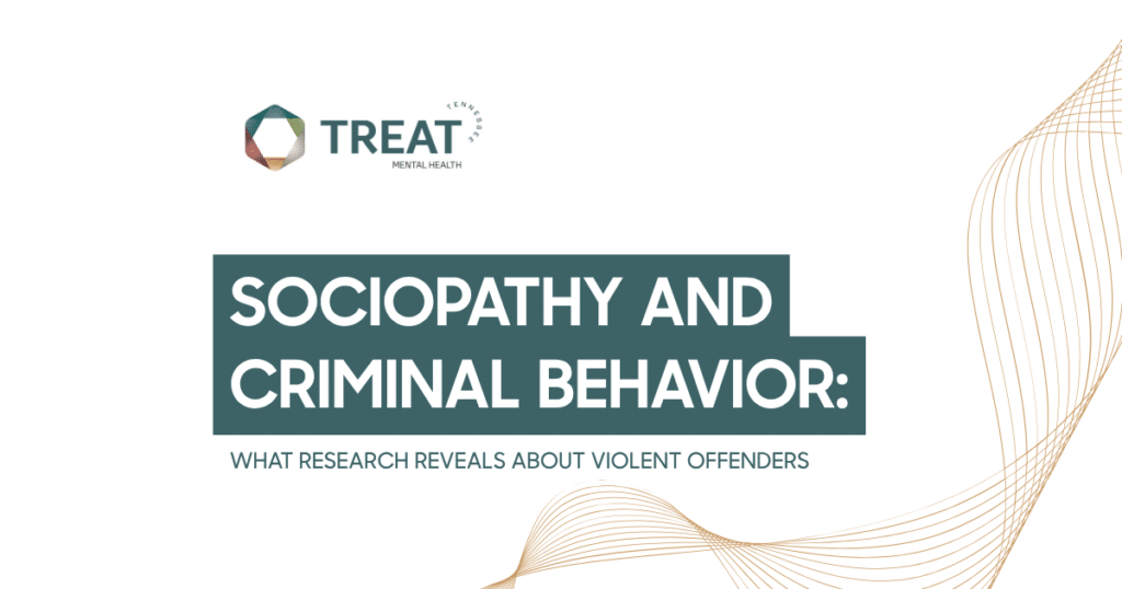 Hero banner with the TREAT Mental Health logo and the teal title: 'Sociopathy and Criminal Behavior: What Research Reveals About Violent Offenders' on a white background with decorative lines on the right.